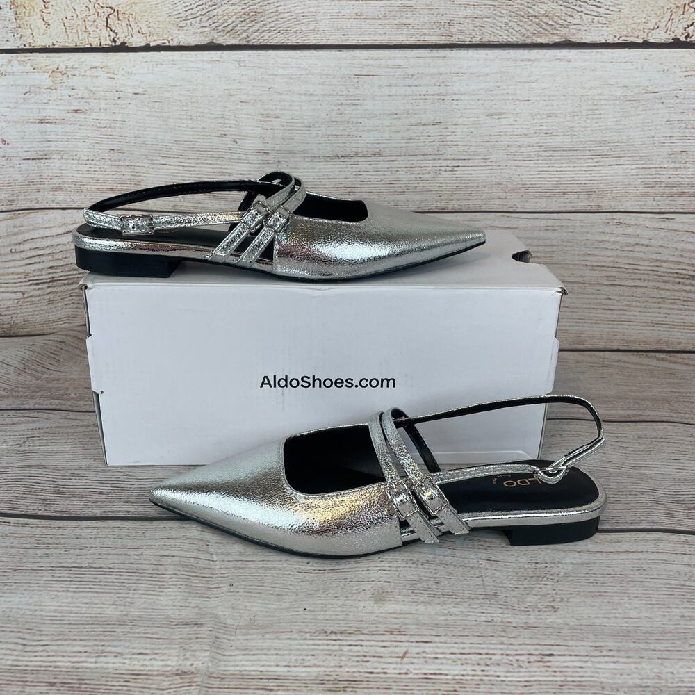Aldo Tossa Womens Sz 6B Slingback Heels Silver Mary Jane Pointed Toe